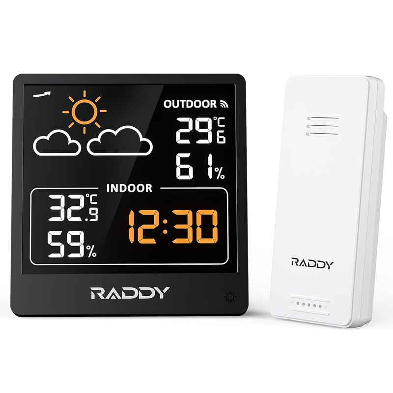Raddy WF-50V Indoor Outdoor Thermometer Hygrometer, Wireless Weather Station Temperature & Humidity Monitor with 5.0’’ VA Display, USB-C Powered, Weather Forecast, Wireless Remote Sensor (Black) - Image 1